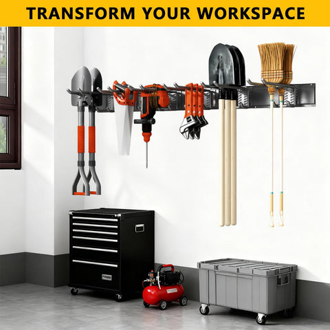 Heavy Duty Garage Tool Organizer Wall Mount 48 Inch Storage Rack with 6 Adjustable Double Hooks installed holding tools