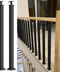 Heavy Duty Stair Railing Kit Featuring Rock Solid Wrought Iron Balusters With Fully Adjustable Spindles For Porch Deck And Staircase Setup No Fuss Quick Install Black with installed spindles.