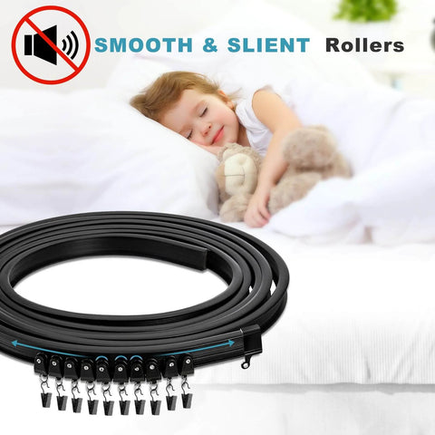 All-In-One Bendable Ceiling Curtain Track System With 12Ft Flexible Sliding Rails for easy install, shown coiled on a bed.