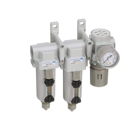 Three Stage Industrial Air Drying System With Particulate Filter, Coalescing Filter, And Regulator, Three Eighth Inch NPT, Metal Bowl With Sight Glass, Manual Drain, And Gauge For 0 To 150 PSI Operation, 17 SCFM At 90 PSI