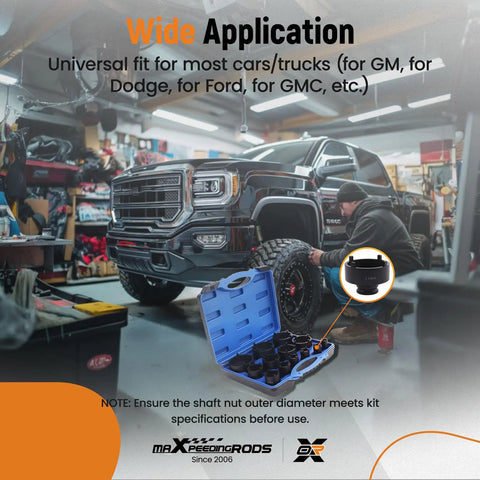 Garage scene with truck tire repair using 13 Piece Spindle Nut Socket Set For KM Groove Nuts Lock Nut Removal And Installation