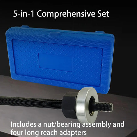 Five-Piece Long Reach Harmonic Balancer Installer Kit with blue case and nut-bearing assembly