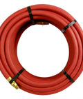 Coiled 50 Foot Red Rubber Air Hose with Dual Quarter Inch Male NPT Fittings for high flow in workshop tasks.