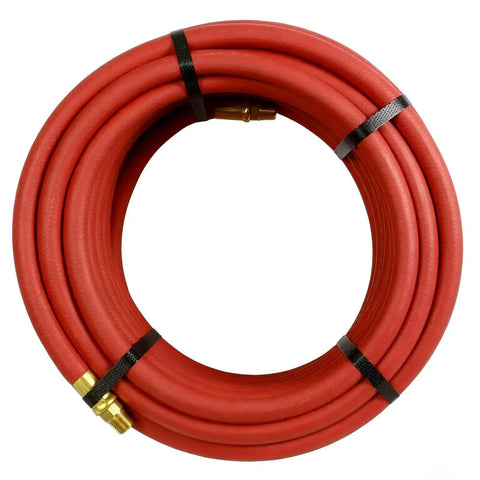 Coiled 50 Foot Red Rubber Air Hose with Dual Quarter Inch Male NPT Fittings for high flow in workshop tasks.