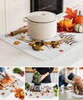 Autumn Maple Leaves Dish Drying Mat Set Ultra Absorbent Microfiber Counter Pad 18 By 24 Inches Wood Grain Look in use in a kitchen setting