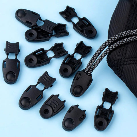 50 Pcs Zipper Pull Tabs And Cord Ends Kit For Paracord, Parachute Cord, Shoelace Tips, black with a backpack display
