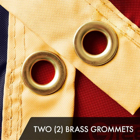 Close-up of two brass grommets on Betsy Ross 1776 Tea Stained Flag 3x5 Ft Crafted With ToughWeave Pro Series Embroidered 420D Polyester