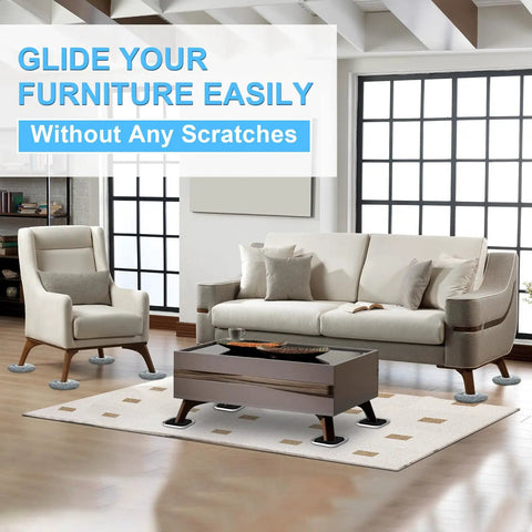 Heavy Duty Furniture Movers And Sliders For Carpet And Hardwood Floors Featuring Reusable Plush Sock Pads used under a couch and chair.