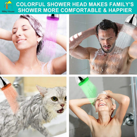 Lit LED Shower Head With Color Changing Lights in use by people and pet, 7 color auto cycle, high pressure rain, durable ABS chrome