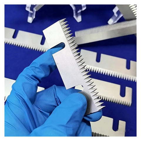 2 Pack Semi Auto Carton Sealing Knife Blade, Carbon Steel, Tape Sealer Parts For Packaging, 75X30X1.5, Beefy Wear Resistant Blade For Heavy Duty Box Sealing held in gloved hand