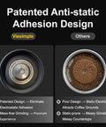 Comparison of anti-static design in portable manual coffee grinder with foldable handle and external adjustment for a clean grind.