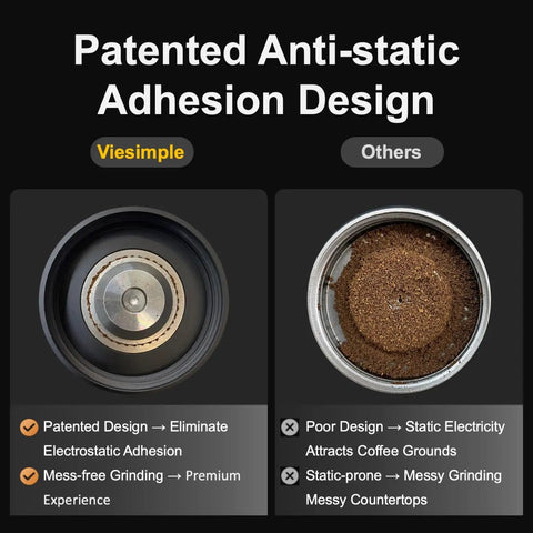 Comparison of anti-static design in portable manual coffee grinder with foldable handle and external adjustment for a clean grind.
