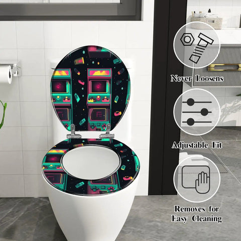 Seamless Toilet Seat, Bathroom with vibrant arcade design, adjustable fit for various toilet models, easy to clean.