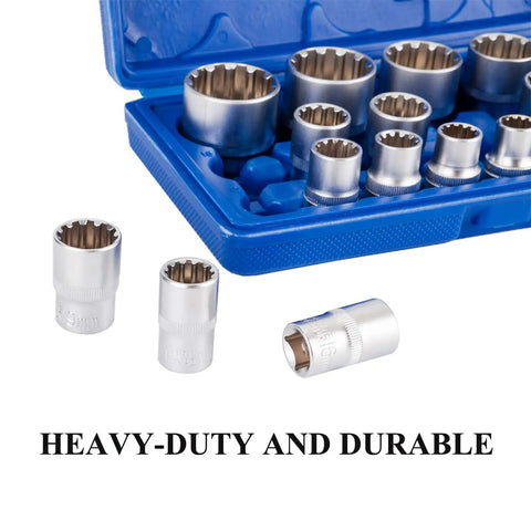 Heavy Duty 19 Piece Half Inch Drive Universal Spline Socket Set With 12 Point Chrome Vanadium Sockets in blue case