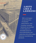 Historic Lawrence manufacturing facility image with text about 140 years of industrial performance and craftsmanship.