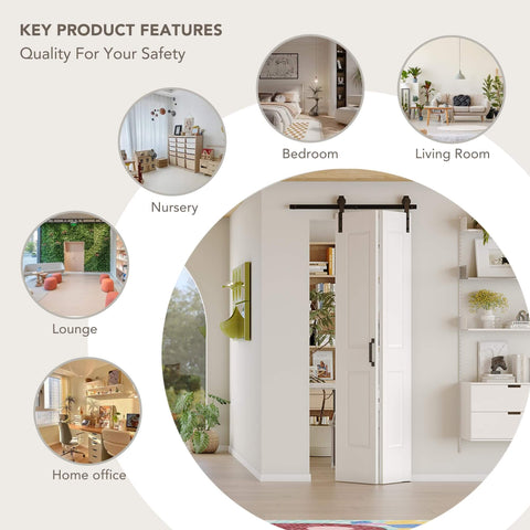 Four Panel Bi Fold Barn Door 60 Inch Wide By 84 Inch Tall With Sliding Hardware Kit Solid Wood And MDF Construction Waterproof PVC Finish Pre Drilled Easy To Install Space Saving Closet Door For Tight Openings in various rooms.