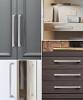 Solid Square Bar Cabinet Handle In Matte Brushed Nickel 6 Inch Center To Center 152 Mm 6 Pack Furniture Pulls displayed on cabinets