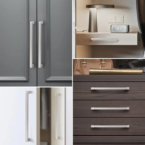 Solid Square Bar Cabinet Handle In Matte Brushed Nickel 6 Inch Center To Center 152 Mm 6 Pack Furniture Pulls displayed on cabinets