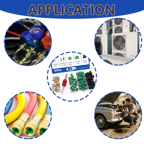 Application scenarios for HVAC Hose Gasket Repair Kit With Valve Cores And Seals, shown with tools and parts in use on vehicles.