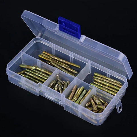 Plastic box containing 110 Pcs M4 Dowel Screws Hanger Bolts Dowel Pins Furniture Connectors Zinc Plated Iron Double Ended Screws