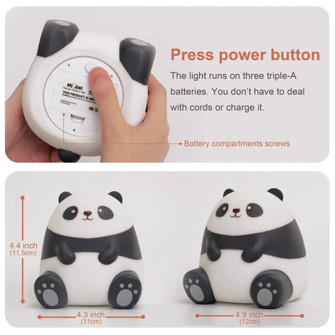 Panda Night Light For Kids With Cozy LED Glow Timer Auto Shutoff Battery Operated Silicone Animal Night Light For Nursery Baby Bedroom Decor Cute Kawaii Gift For Toddlers Boys Girls Teens with battery compartment and size dimensions.