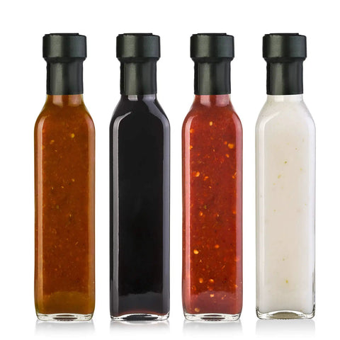 Top Shelf Black Shrink Bands For Bottles And Jars Hella Secure Tamper Proof Sealing Sleeves Sixty Five By Sixty Millimeter Dimensions Two Hundred Count Bulk Wrap on condiment bottles.