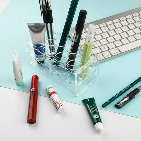 Eight Hole Transparent Acrylic Test Tube Rack For Fifty Milliliter Tubes Clear Durable Lab Organizer Stand on desk with pens