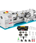 Front view of benchtop mini metal lathe with 3-jaw chuck on a blue base, plus accessory kit.