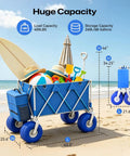 Ten Point Five Inch Balloon Wheel Beach Wagon Heavy Duty All Terrain Cart on sand filled with beach gear and removable cooler bag