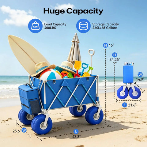 Ten Point Five Inch Balloon Wheel Beach Wagon Heavy Duty All Terrain Cart on sand filled with beach gear and removable cooler bag