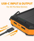 Solar Power Bank 20,000mAh Portable Charger On The Go with USB C Four Cables and Three Ports, showcasing USB-C input and output.