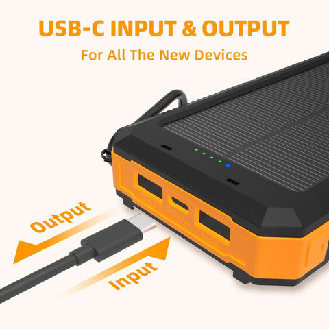 Solar Power Bank 20,000mAh Portable Charger On The Go with USB C Four Cables and Three Ports, showcasing USB-C input and output.