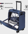 Underseat Carry On Luggage 15 Inch Softside with Spinner Wheels USB Port open to show interior organization in navy blue