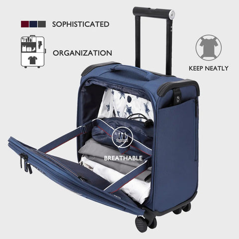 Underseat Carry On Luggage 15 Inch Softside with Spinner Wheels USB Port open to show interior organization in navy blue