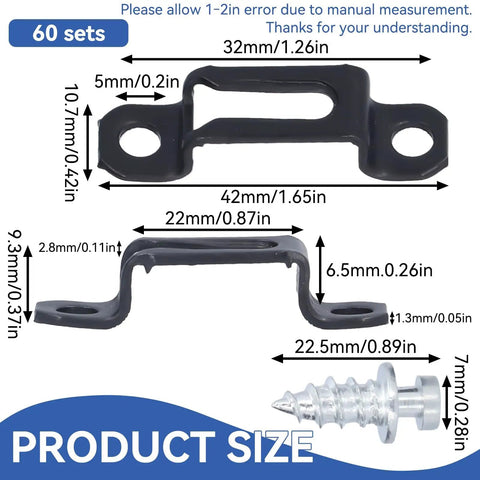 60 Pack Slick Furniture Connectors And Concealed Slide Buckles For Cabinet Hardware dimensions illustration with measurements and clips.