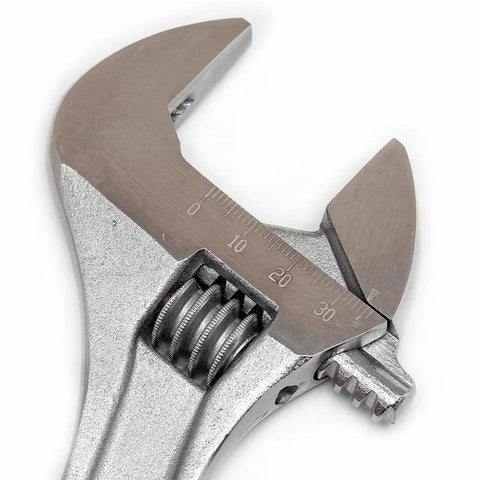 Close-up of an 8 Inch Adjustable Wrench with Carded Packaging for Precision Tightening and Slippage Free Grips showing hex jaw.