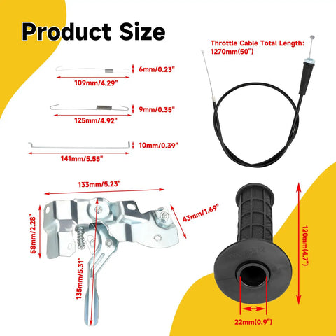 Diagram of Seven Eighths Inch Mini Bike Throttle Assembly And Throttle Linkage Kit with measurements for Predator 212 196cc engines