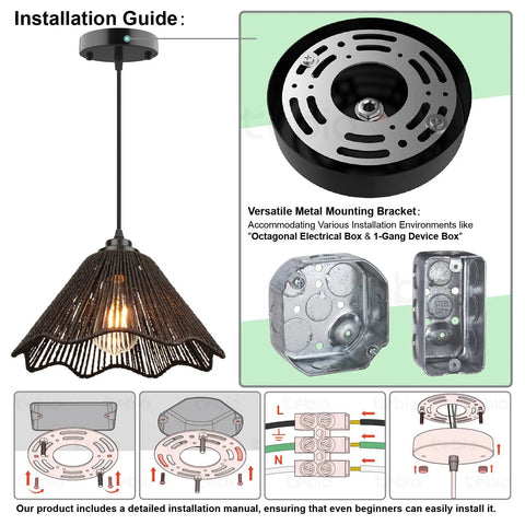 Installation guide for Mini Crystal Pendant Light With LED Bulb Included Hanging Lighting Fixture Adjustable Cord Black Pendant For Kitchen Island Living Room Bedroom Dining Room Farmhouse Lit Look, showing mounting bracket and electrical box.