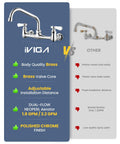 Built Tough Commercial Sink Faucet With Eight Inch Swivel Spout And Dual Brass Handles For Laundry Or Restaurant Setup Featuring No Sweat Install And Slick Chrome Finish, showing faucet features.