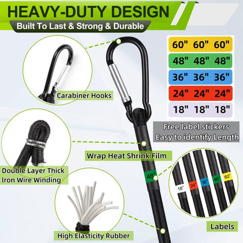 Heavy Duty Bungee Cord Set With Hooks Go To 28 Piece Assorted Sizes 10 Inch Mini 18 Inch 24 Inch 36 Inch 48 Inch 60 Inch Cords details