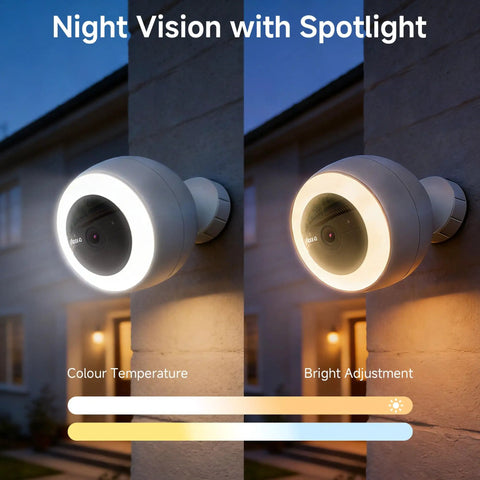 Outdoor Wireless Security Camera with 600 Lumen Spotlight Solar Powered Battery Pack 2K Color Night Vision on wall at night.