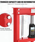 Close-up of 12 Ton Hydraulic Press For Home Garage And Shop, showcasing thick carbon steel frame and hydraulic oil cylinder.