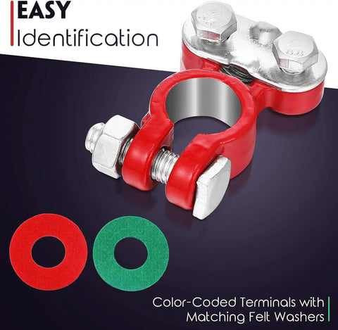 Color Coded Battery Terminals Top Post Connectors Set With Anti Corrosion Felt Washers For Cars Trucks Boats RV Campers Yachts No Fuss Easy Clamp On Wiring Kit 1 Pair, showing red and green washers