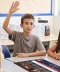 Student raising hand near Eight Poster Set Covering 27 Amendments To The US Constitution With Bill Of Rights Included for classrooms