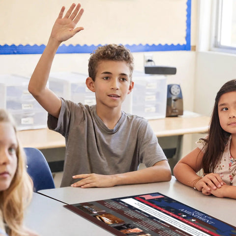 Student raising hand near Eight Poster Set Covering 27 Amendments To The US Constitution With Bill Of Rights Included for classrooms
