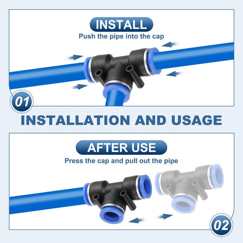Installation and usage of 6 Pack Black Five Eighths Inch OD Push To Connect Tee Fittings Three Way Quick Lock Air Hose Adapters