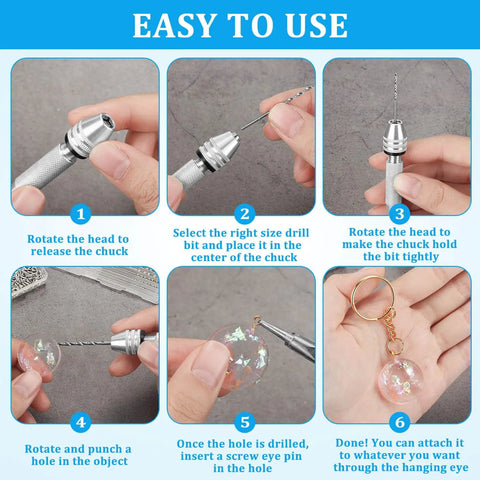 Pin Vise Hand Drill Set With 600 Eye Hooks And 10 Drill Bit Sizes For Jewelry Making, showing step-by-step usage instructions.