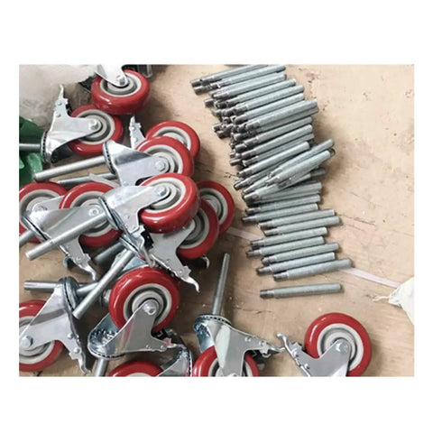 100mm Locking Swivel Casters With M16 Threaded Stem Heavy Duty Polyurethane Rolling Wheels For Shop Furniture And Mobile Tool Cart Four Pack on a surface.