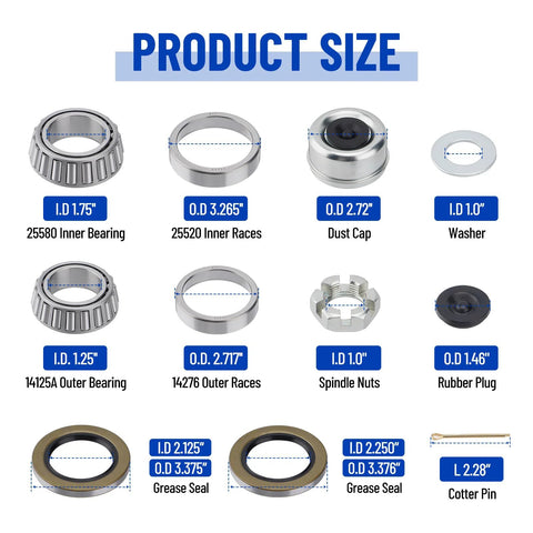 Racewill 4-set boat trailer axle bearing kit with inner/outer bearings and races, dust cap, nuts, washers, cotter pin