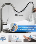 Top Shelf High Arc Pull Down Kitchen Faucet Delivering Three Quick Adjust Spray Patterns In Rust Resistant Brushed Nickel, showing 20-inch hose.